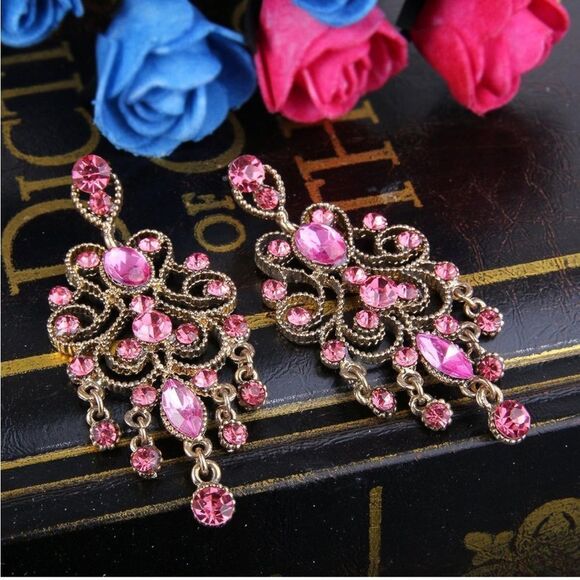 Yellow Gold with Pink Sapphire Austrian Crystal Banquet Chandelier Post Earrings - Picture 2 of 5
